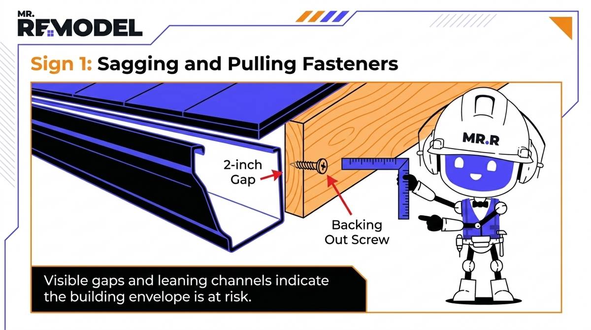 Close-up side view of a gutter pulling away from the wood fascia, showing visible gaps and loose, exposed screws. A robot mascot measures the distance with a ruler.